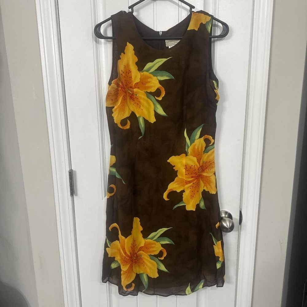 Coldwater Creek Floral Midi Dress | Made in USA Brown Yellow Lily Dress Size 6